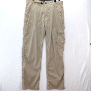 Prana Zion Cargo Pants Men M 32L Beige Stretch Performance Belted Roll Snap Cuff